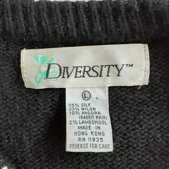 Vintage 80s Silk Angora Blend Black Beaded Pocket Flower Sweater Womens L - Picture 7 of 11